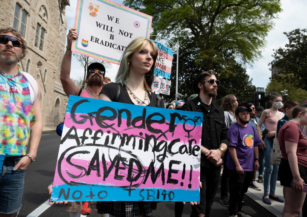 Transgender people, family members and advocates gather and march past the Georgia Statehouse. 