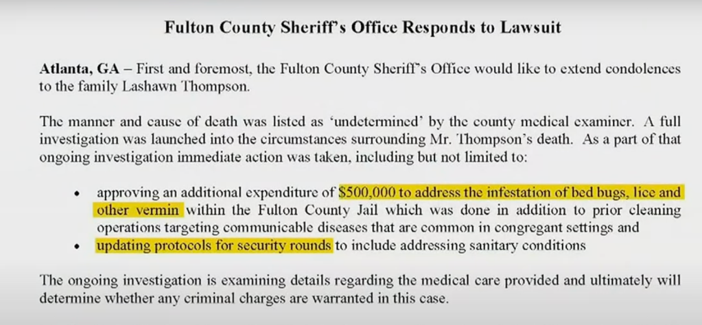 screenshot Fulton County Sheriff's Office response, death of LaSHawn Thompson