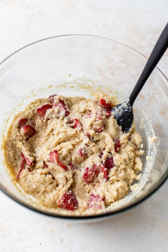 Almond flour muffin batter with strawberries